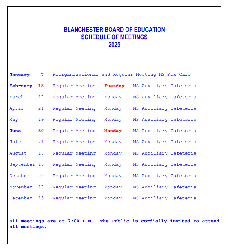 Blanchester board meetings schedule